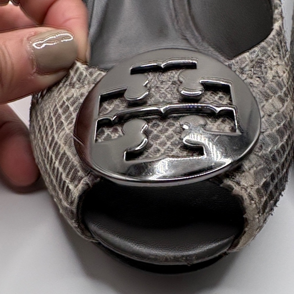 Tory Burch Chic Snakeskin Peep-Toe Heels - Picture 4 of 10